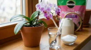 Orchidea in vaso su davanzale con bicchiere d'acqua e zucchero in ciotola