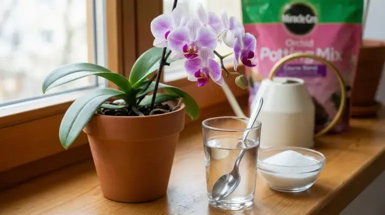 Orchidea in vaso su davanzale con bicchiere d'acqua e zucchero in ciotola