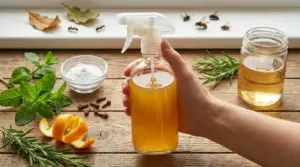 Mano che tiene uno spruzzino con insetticida naturale fai da te, accanto a aceto, erbe aromatiche e scorze d’arancia