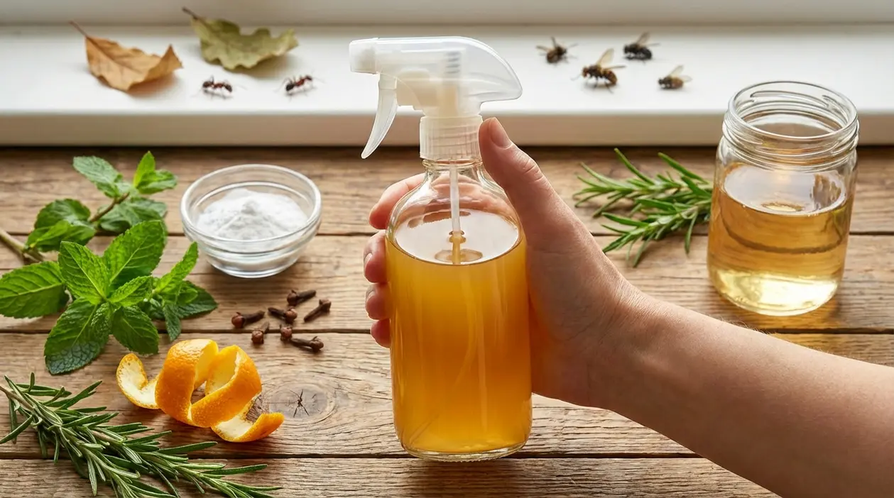 Mano che tiene uno spruzzino con insetticida naturale fai da te, accanto a aceto, erbe aromatiche e scorze d’arancia