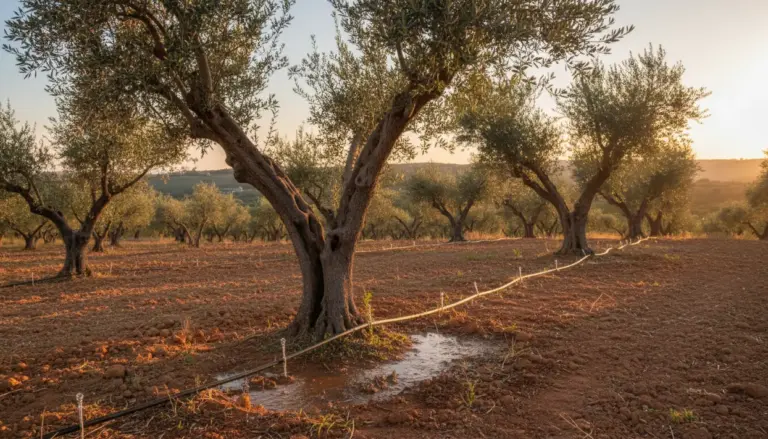 Oliveto con impianto di irrigazione a goccia e terreno bagnato attorno al tronco, al tramonto