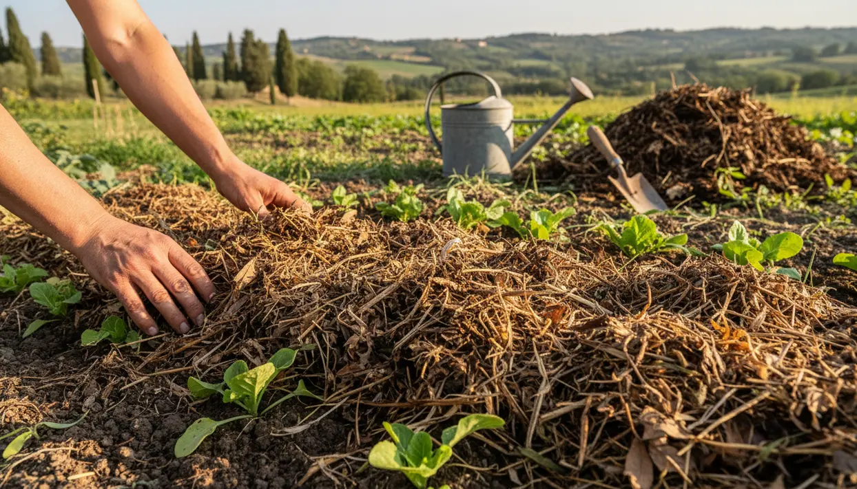 Mani che stendono pacciamatura di paglia nell’orto tra giovani piantine, con annaffiatoio e attrezzi sullo sfondo