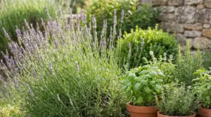 Piante aromatiche in vaso con lavanda in un giardino soleggiato