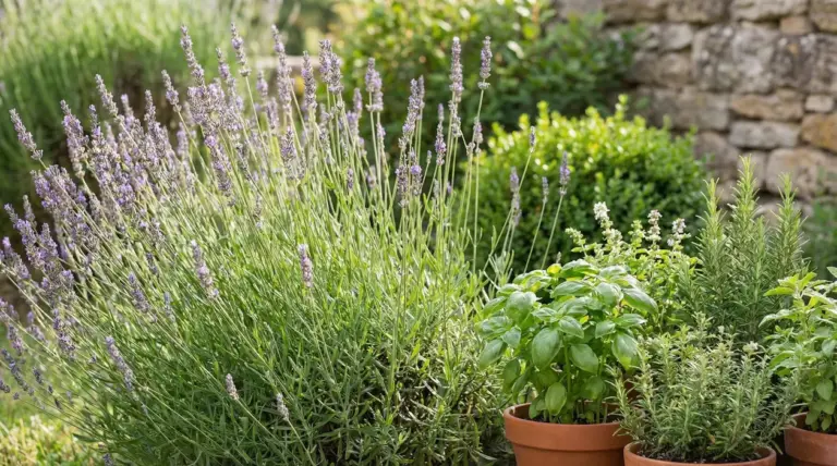 Piante aromatiche in vaso con lavanda in un giardino soleggiato