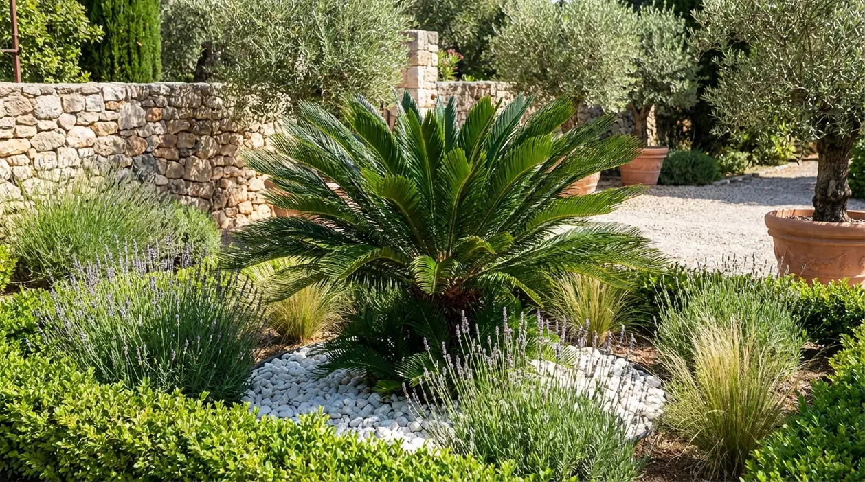 Cycad (cycas) in aiuola con ciottoli bianchi, lavanda e piante mediterranee in giardino soleggiato