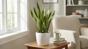 Pianta di Sansevieria in vaso bianco su tavolino in salotto luminoso
