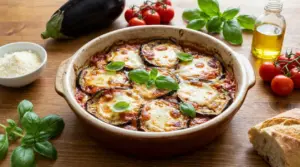 Teglia di melanzane alla parmigiana al forno con mozzarella, salsa di pomodoro e basilico su tavolo di legno