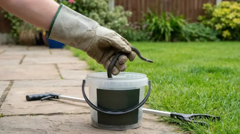 Mano con guanto che inserisce una biscia in un secchio da giardino