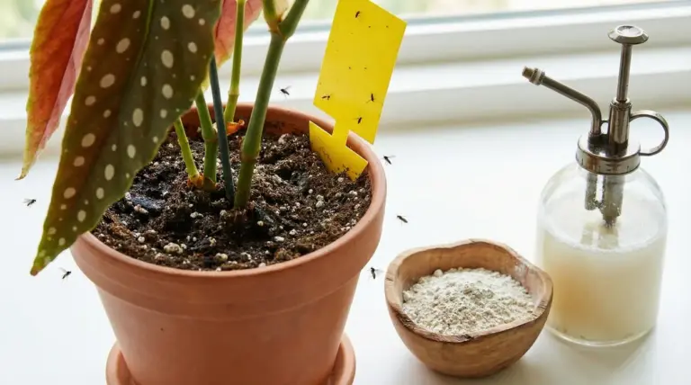 Pianta in vaso con trappola adesiva gialla contro i moscerini, vicino a nebulizzatore e polvere naturale