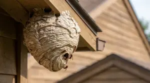 Nido di calabroni sotto la grondaia di una casa, con insetti all’ingresso