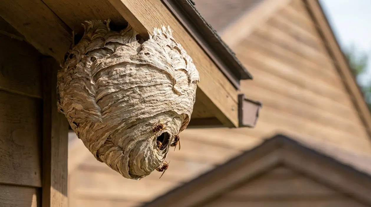 Nido di calabroni sotto la grondaia di una casa, con insetti all’ingresso