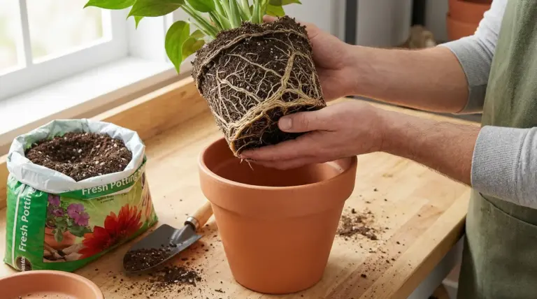 Persona rinvasa una pianta con radici fitte in un vaso di terracotta, usando terriccio su un tavolo da lavoro