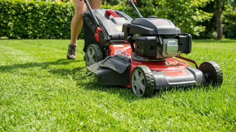 Tagliaerba in uso su un prato verde, con una persona che lo spinge in giardino