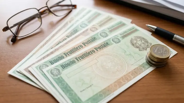 Buoni fruttiferi postali su un tavolo con monete, penna e occhiali