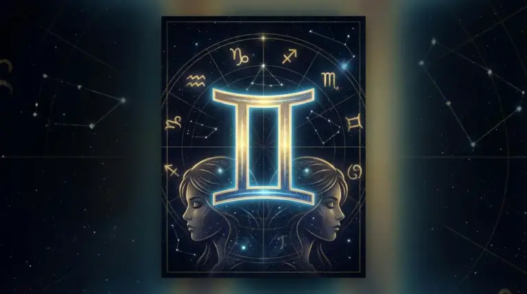 Illustrazione astratta del segno zodiacale dei Gemelli con due figure umane e simboli astrologici