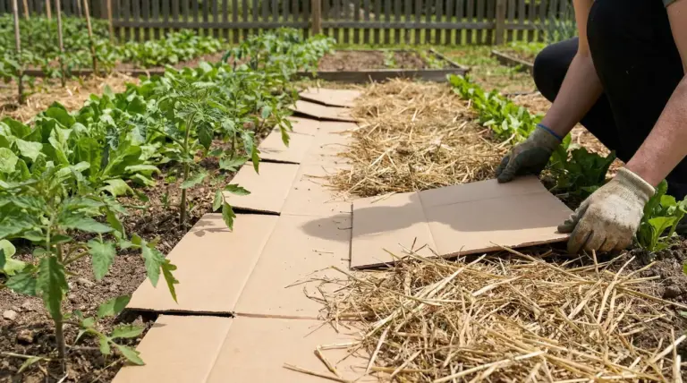 Persona che stende cartone e paglia tra le file dell’orto per pacciamatura e controllo delle erbacce