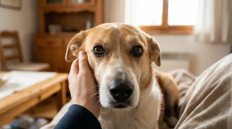Un cane guarda fisso una persona che lo accarezza affettuosamente in un ambiente domestico.