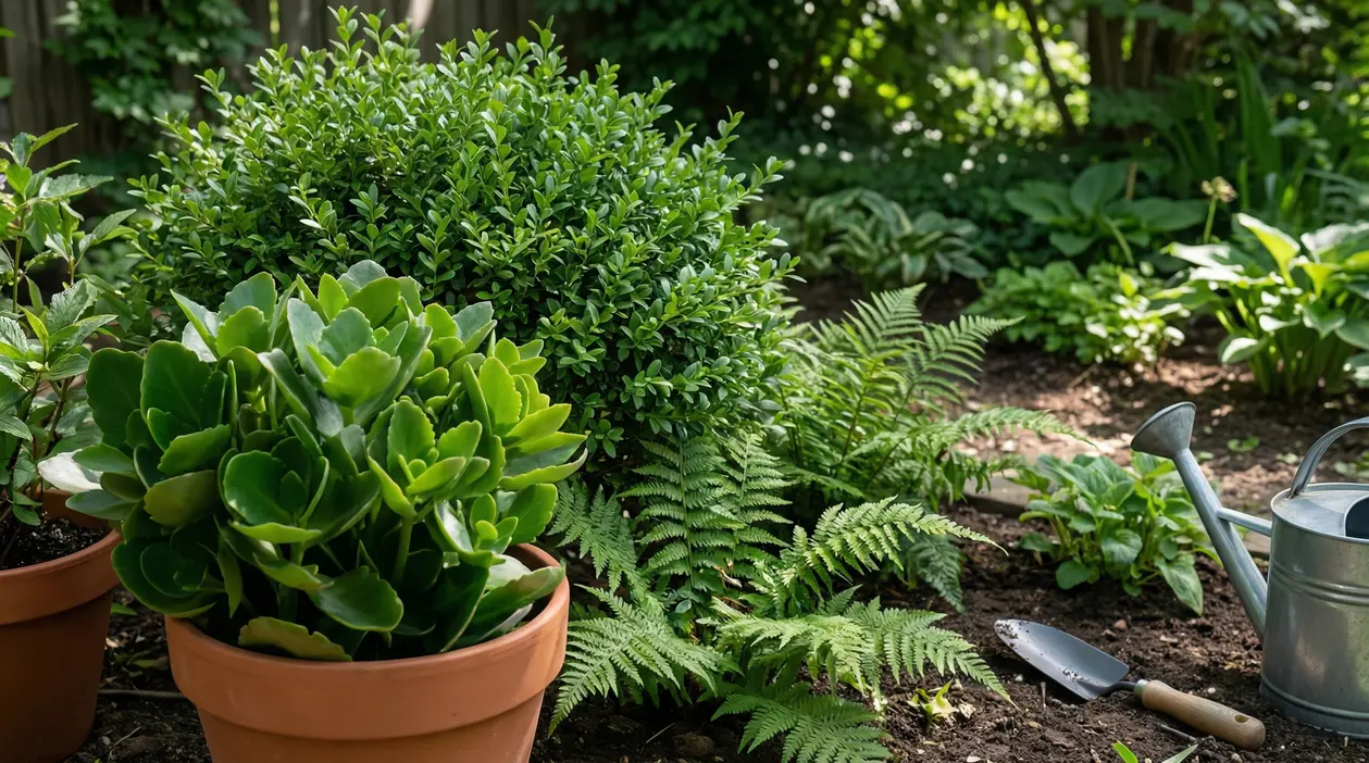 Piante verdi in vaso e in aiuola in giardino, con annaffiatoio e paletta su terreno, senza fiori visibili