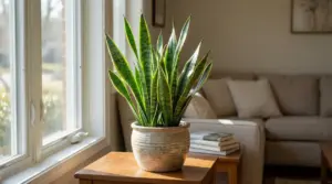 Una pianta di Sansevieria in vaso su un tavolino vicino a una finestra in un salotto luminoso