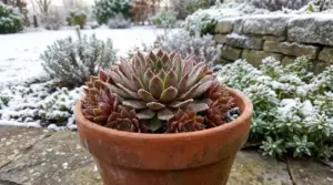 Pianta grassa in vaso di terracotta con foglie a rosetta, all’aperto sotto neve e gelo in un giardino invernale
