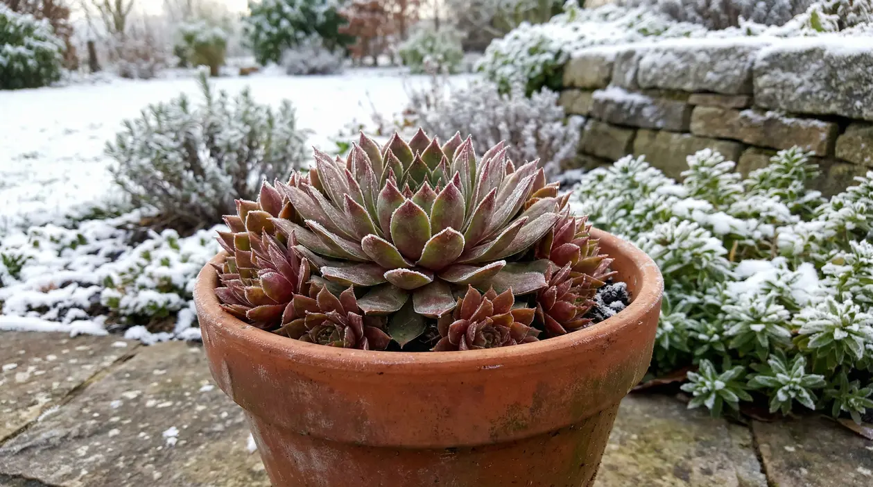 Pianta grassa in vaso di terracotta con foglie a rosetta, all’aperto sotto neve e gelo in un giardino invernale