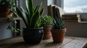 Piante da interno in vaso su un tavolo vicino a una finestra