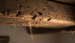 Trave di legno con piccoli fori, polvere che cade e insetti xilofagi, segni di infestazione in casa