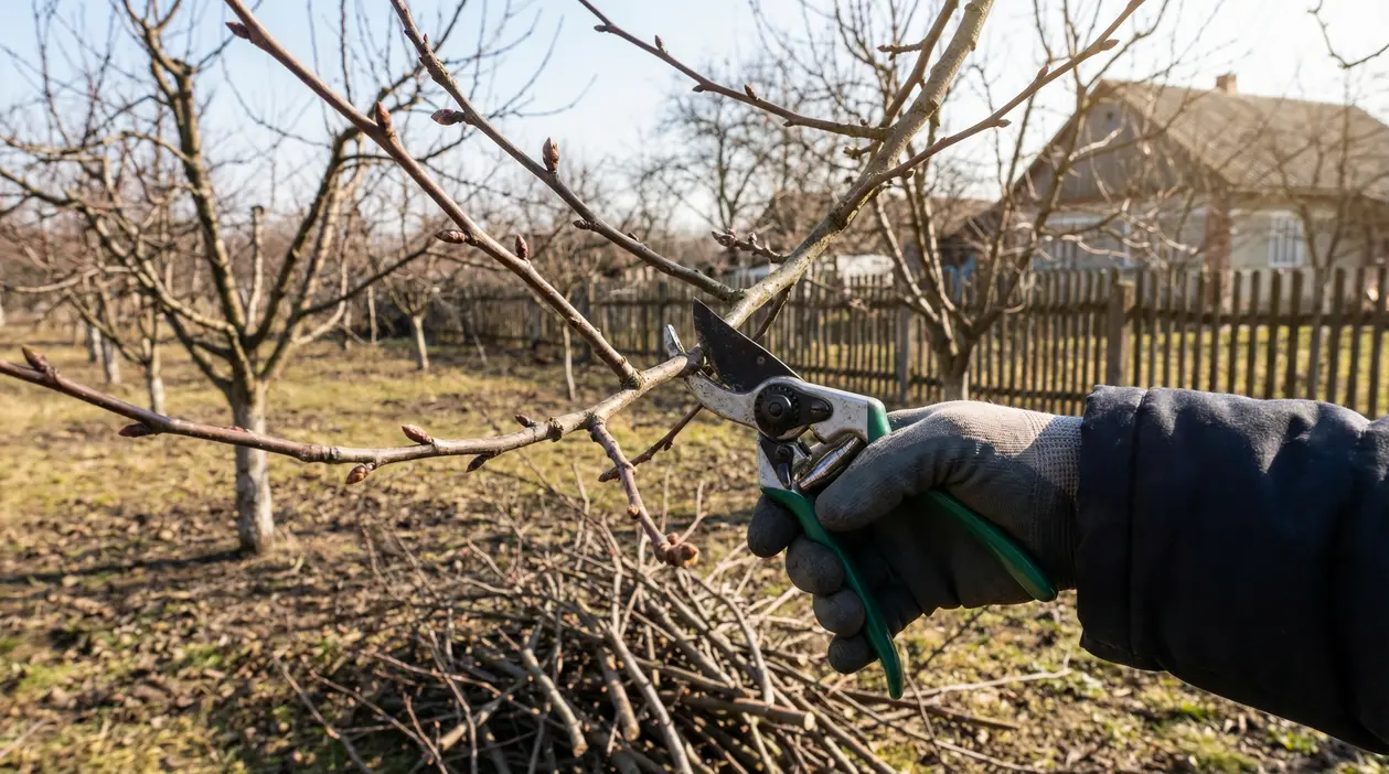 Potatura di un albero da frutto con cesoie in un frutteto invernale