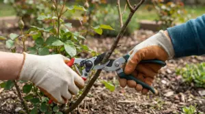 Due persone potano un ramo di rosa con cesoie da giardinaggio in un'aiuola.