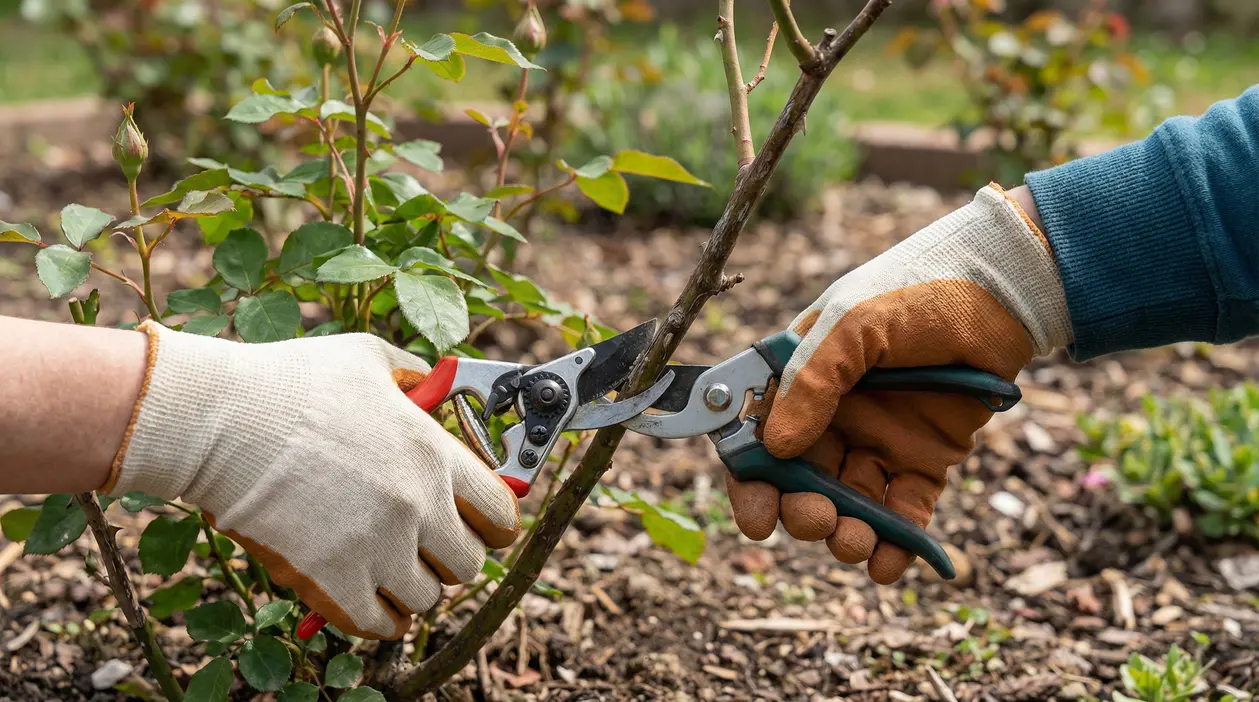 Due persone potano un ramo di rosa con cesoie da giardinaggio in un'aiuola.