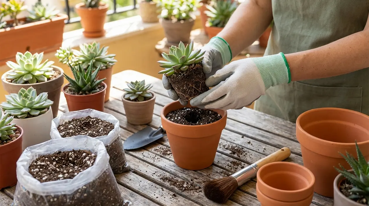 Persona rinvasa una pianta grassa in un vaso di terracotta con terriccio drenante su un tavolo da giardinaggio