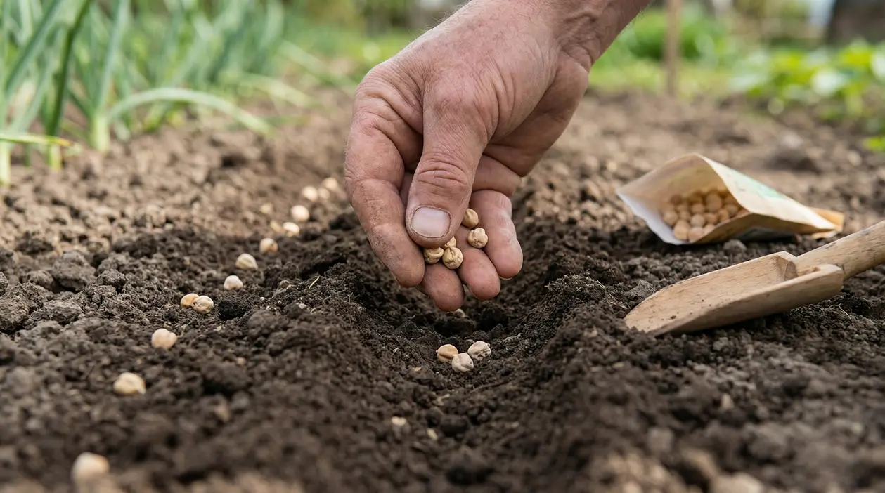 Mano che semina piselli in un solco di terra in un orto
