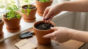 Mani che seminano prezzemolo in un vaso di terracotta su davanzale, con altre piantine sullo sfondo