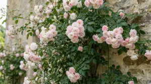 Rampicante con fiori rosa pallido in piena fioritura su un muro di pietra