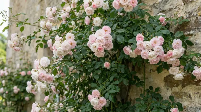 Rampicante con fiori rosa pallido in piena fioritura su un muro di pietra