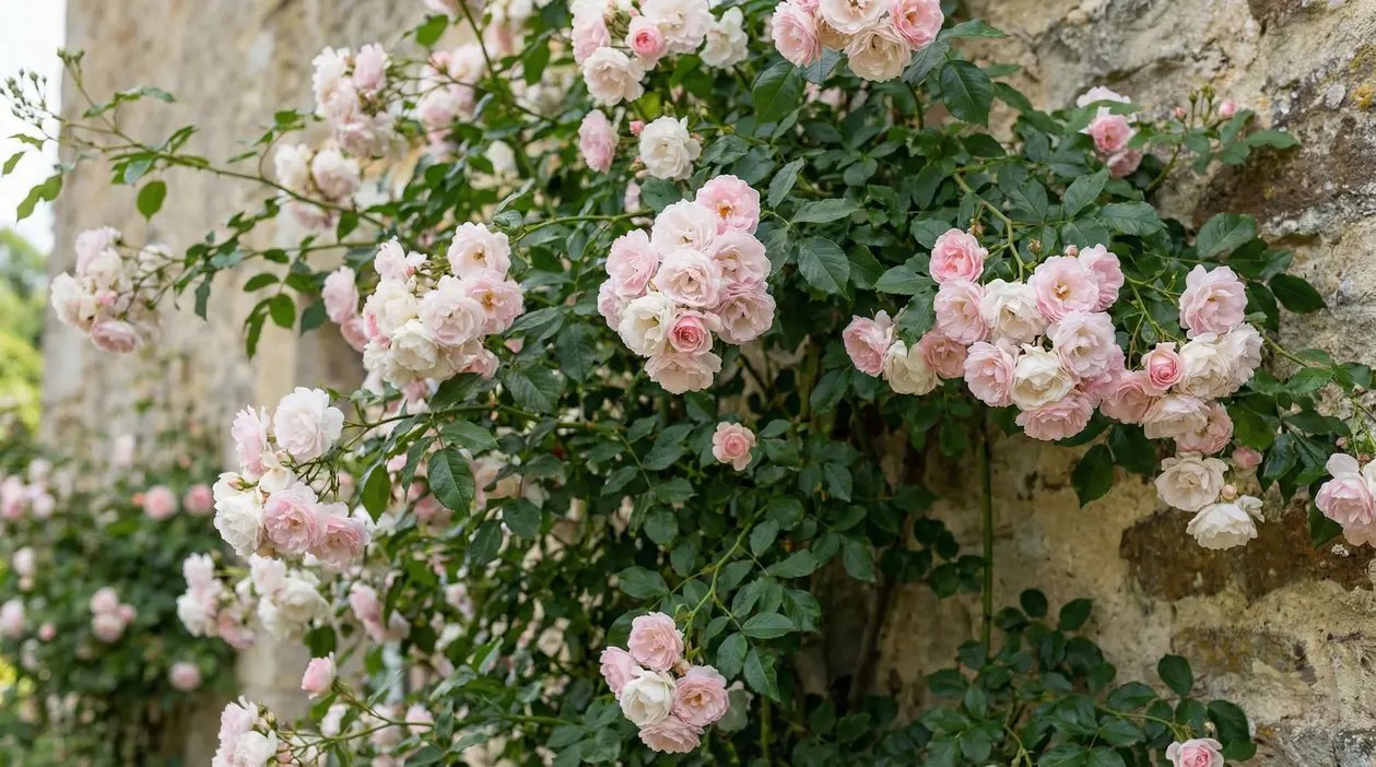 Rampicante con fiori rosa pallido in piena fioritura su un muro di pietra