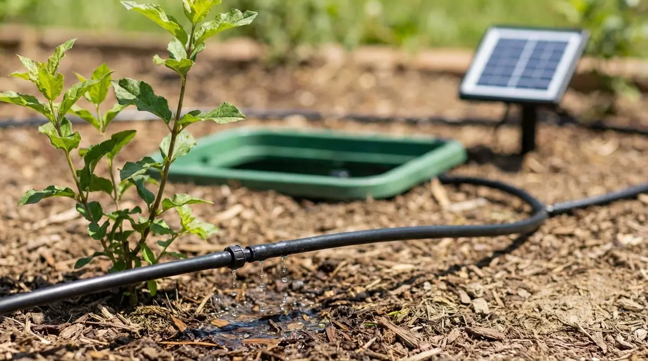 Irrigazione a goccia in giardino con tubo microforato su pacciamatura e centralina con pannello solare