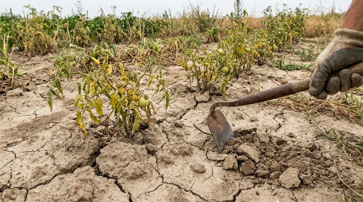 Piante di pomodoro ingiallite in un orto con terreno secco e crepato, una mano con zappa smuove la terra