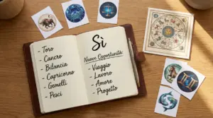 Taccuino aperto con nomi di segni zodiacali e simboli astrologici su un tavolo di legno