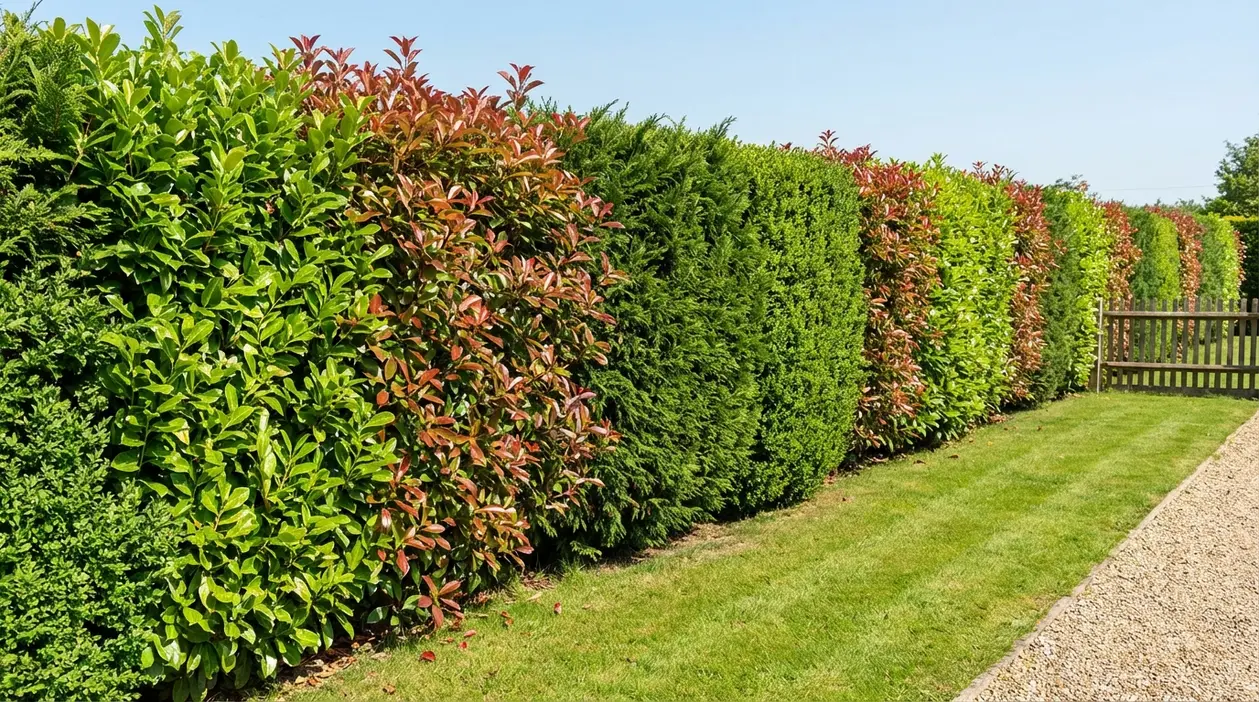 Siepe sempreverde mista lungo il giardino, con arbusti verdi e foglie rosse e forma ben potata