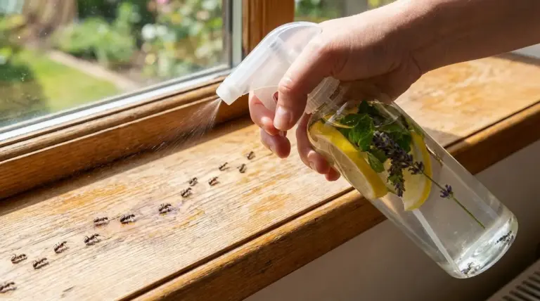 Mano che spruzza uno spray naturale sul davanzale di legno con formiche vicino alla finestra