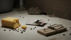 Topo sul pavimento vicino a formaggio, esche e trappola per topi in un angolo della casa