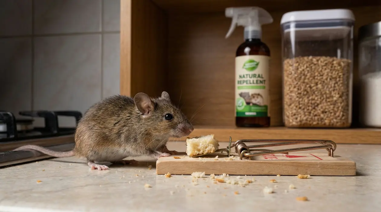 Un topo su un piano cucina vicino a una trappola con del pane