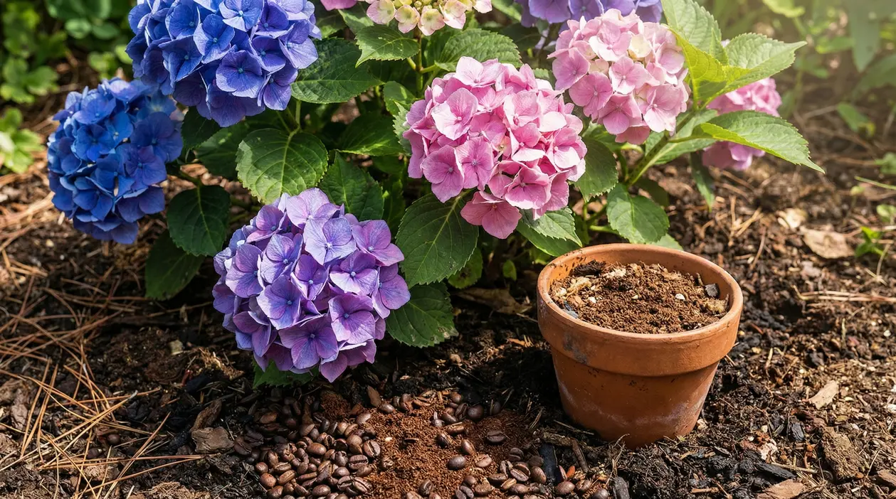 Ortensie blu, rosa e viola in giardino con vaso di terracotta e fondi di caffè sul terreno