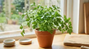 Vaso di prezzemolo fresco in terracotta sul davanzale della cucina, illuminato dalla luce naturale