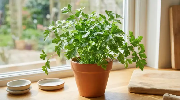 Vaso di prezzemolo fresco in terracotta sul davanzale della cucina, illuminato dalla luce naturale