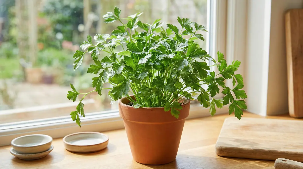 Vaso di prezzemolo fresco in terracotta sul davanzale della cucina, illuminato dalla luce naturale