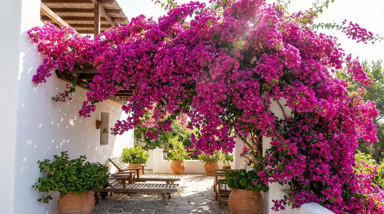 Bouganville fucsia in piena fioritura che ricopre un portico e una terrazza con sedie a sdraio e vasi