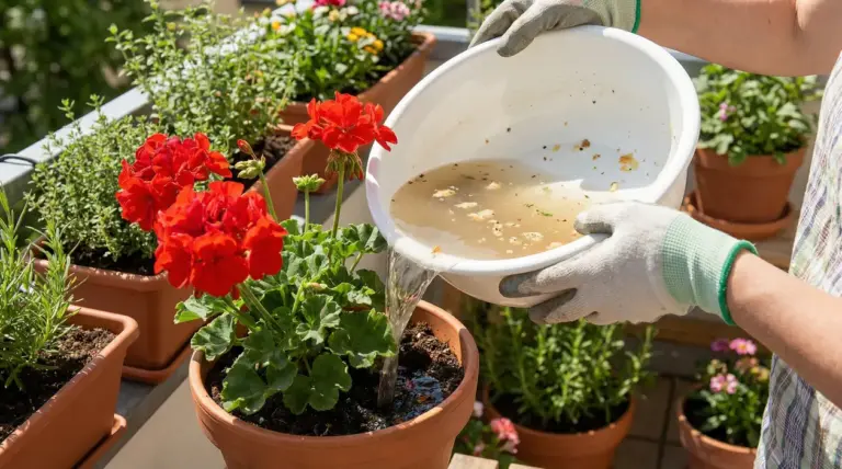 Persona che versa acqua di cottura in un vaso con gerani rossi sul balcone