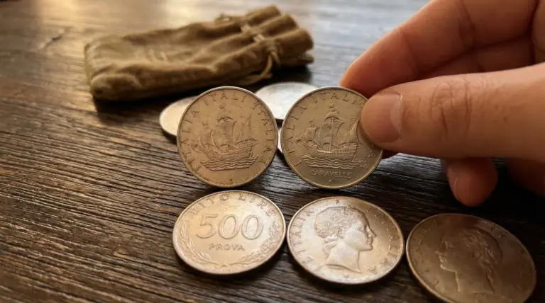 Vecchie monete italiane da 500 lire d'argento su un tavolo in legno
